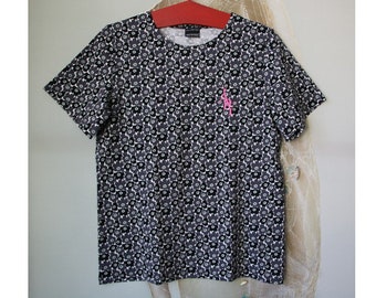 MARIMEKKO Black Gray White Shirt Top Floral Print T-Shirt Large Size