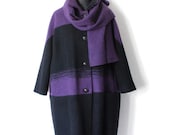Vintage Black Purple Striped Boiled Wool Coat 3/4 Sleeve Oversized Plus Size Coat