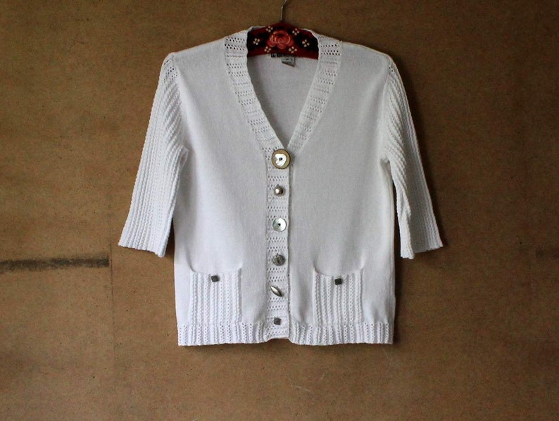 White Cotton Cardigan Knit Women Cardigan Different Design Buttons 34 Sleeves Medium Size