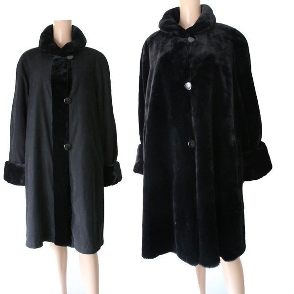 Vintage Black Reversible Coat Faux Fur Coat Large Size