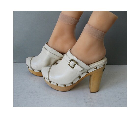Women Ivory White Wooden Clogs Wooden Platform Clo