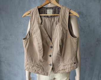 Womens Vest Brown Beige Waistcoat Medium Size