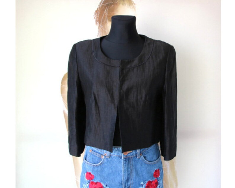 Vintage Gerry Weber Linen Cardigan Black Women Blazer 34 Sleeve Bolero Small Size