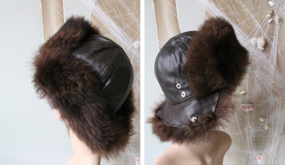 Vintage Russian Leather Hat with Real Fur Mongolia