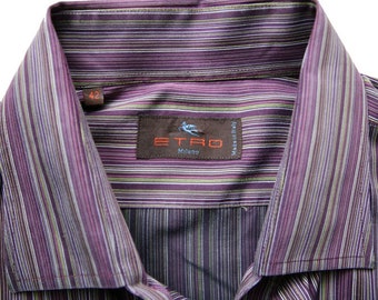 ETRO Striped Men's Shirt Purple Green Gray Cotton Shirt Size 42/16.5