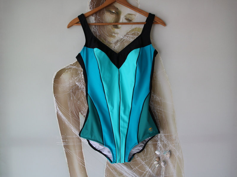 Vintage Black Turquoise One Piece Swimsuit Medium size Made in Germany