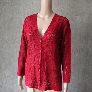 Vintage Red Knit Cardigan Cotton Viscose Sweater S Size
