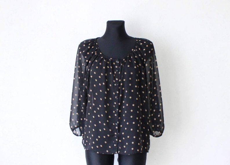 Vintage Black Beige Polka Dot Blouse 34 Sleeve Oversized See Through Blouse Large Size