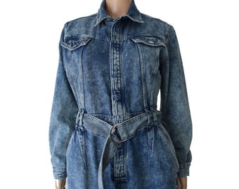 Vintage Acid Wash Denim Women's Blue Jumpsuit Cotton Romper Overalls One Piece Small Size