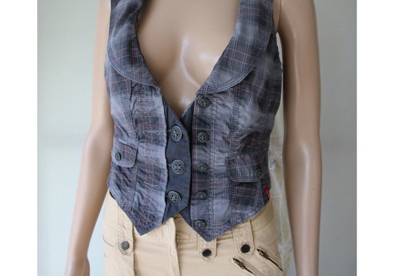 Vintage Women's Plaid Vest Gray Waistcoat Small S… - image 2