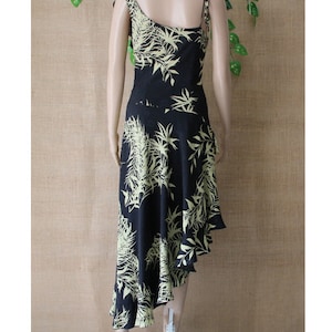 Nicole Miller Black Olive Green Floral Print Pure Silk Ruffle Asymmetrical Dress Evening Cocktail Grunge Party Dress Small Size