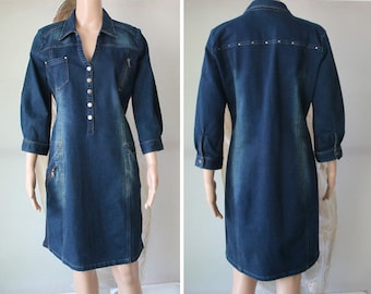 Women's Blue Denim Dress Uniform Jean Dress 3/4 Sleeve Medium Size
