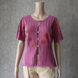 GUDRUN SJODEN Dark Pink Knit Cardigan Linen Cotton Women&#39;s Sweater Small Size