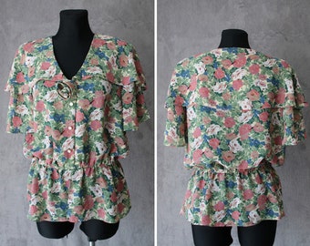 Vintage Multicolor England Blouse Vintage Womens Shirt Large Size