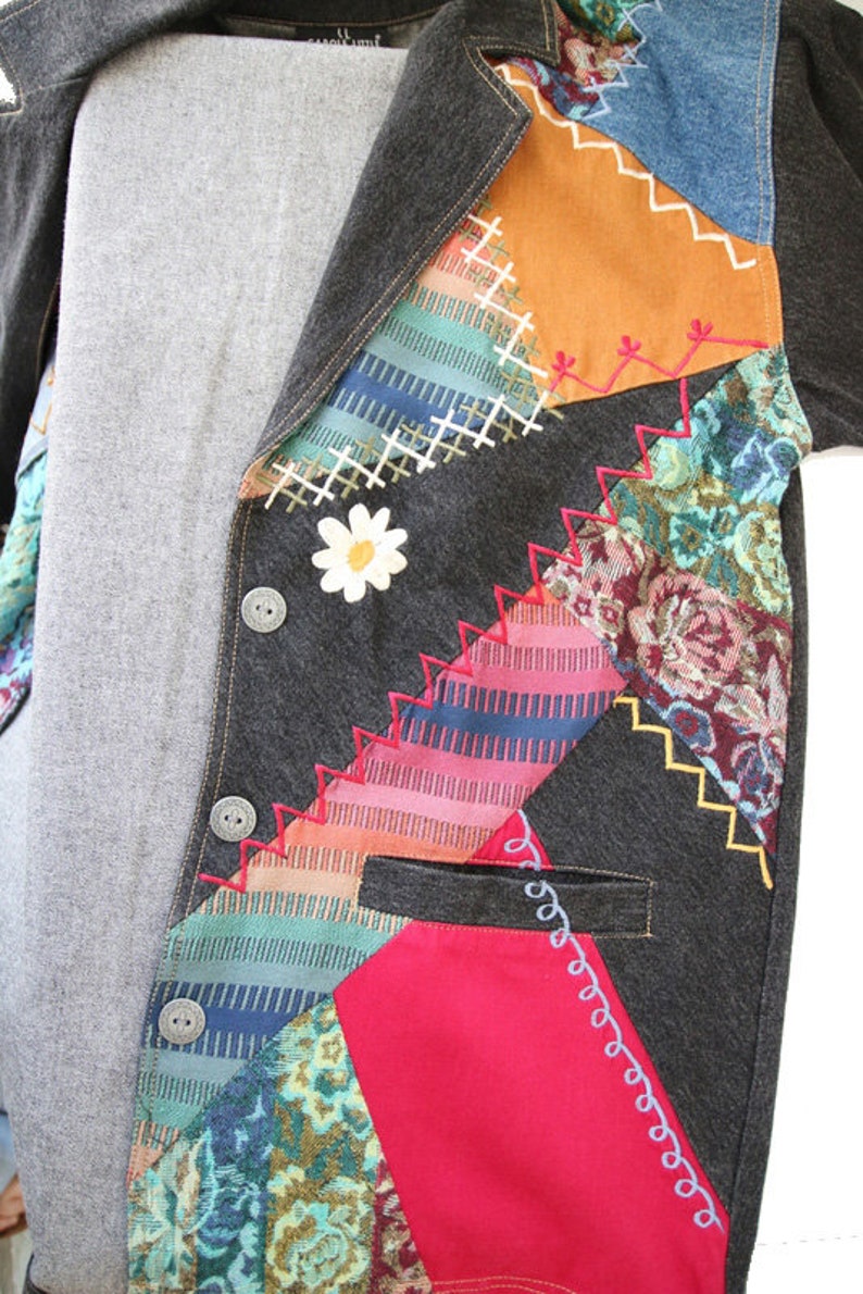 Vintage Denim Gray Jacket Patchwork Blazer Embroidered Jacket Colorful Blazer Large Size