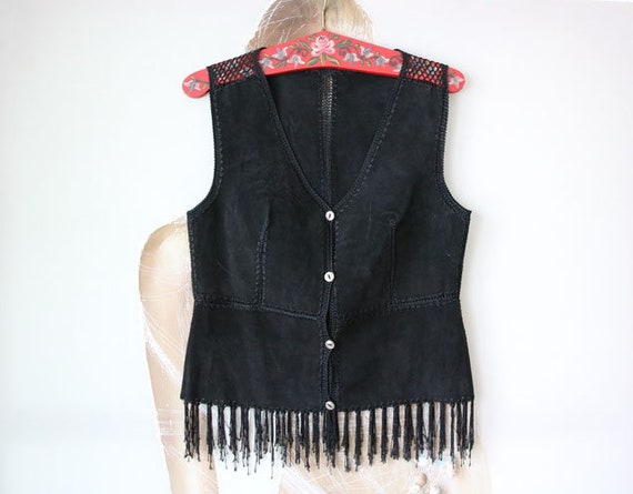 Women Patchwork Black Suede Vest Vintage Leather … - image 6