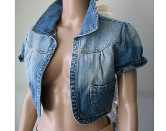 Denim Bolero Cardigan Women's Blue Short Blazer Small Size