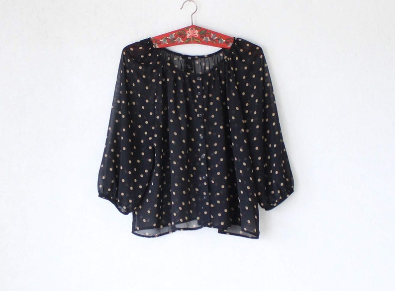 Vintage Black Beige Polka Dot Blouse 34 Sleeve Oversized See Through Blouse Large Size