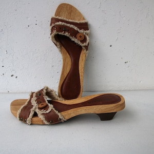 Women&#39;s Brown Summer Wooden Slide Single Strap Slides Leather Sandals Size 39
