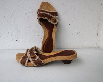 Women's Brown Summer Wooden Slide Single Strap Slides Leather Sandals Size 39