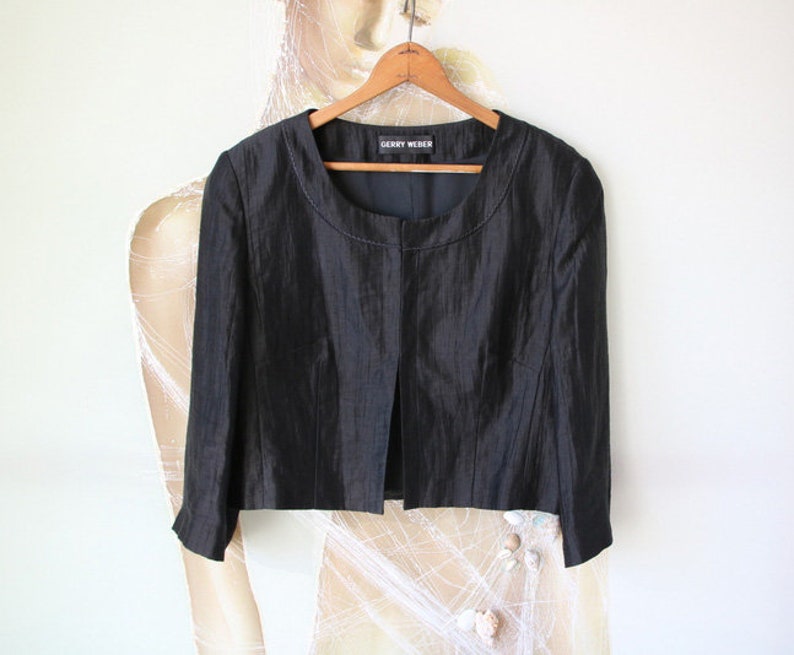 Vintage Gerry Weber Linen Cardigan Black Women Blazer 34 Sleeve Bolero Small Size