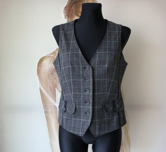 Women's Checkered Vest Gray Black Waistcoat Medium