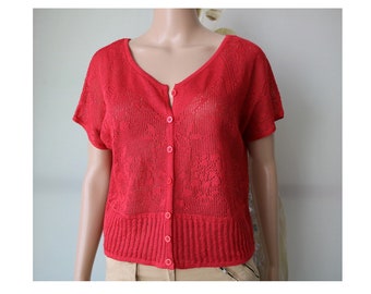 Vintage Red Sweater Short Sleeves Knit Women's Cardigan Size  M/L