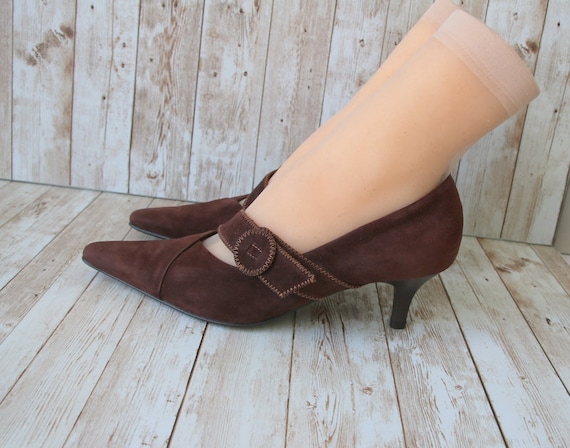 HÖGL Vintage Brown Suede Shoes Kitten Heels Point… - image 1