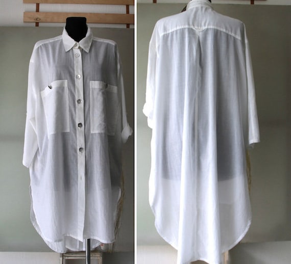 Vintage Cotton Blouse Dress Womens White Long Blo… - image 1