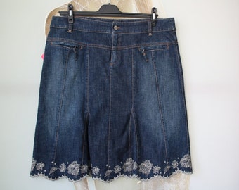 Vintage Blue Denim Skirt Cotton Embroidered Jeans Skirt Size Large