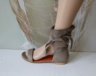 Leather Gladiator Sandals Summer Shoes Gray Orange Women Ankle Strap Sandals 41/7/9.5