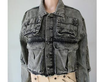 Denim cropped grijs damesjack acid wash (kleine maat)