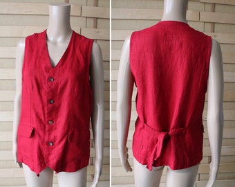 Red Linen Vest Women's Unlined Vest Unisex Vest Medium Size