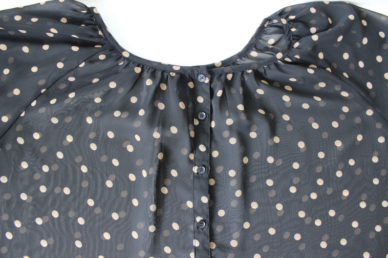 Vintage Black Beige Polka Dot Blouse 34 Sleeve Oversized See Through Blouse Large Size