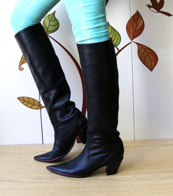 pointed toe black leather booties