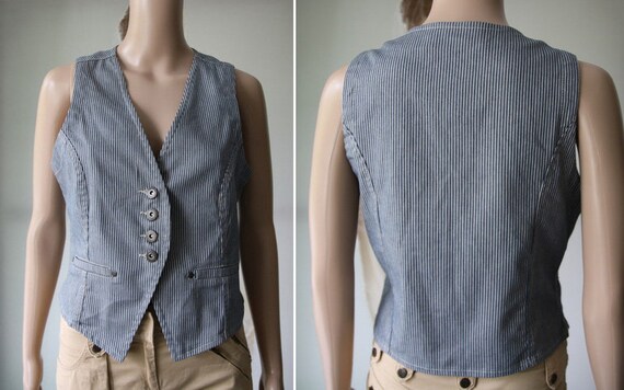 トップス 1930's US vintage stripe vest Vintage Blue White Striped Vest Women's Cotton Polyester