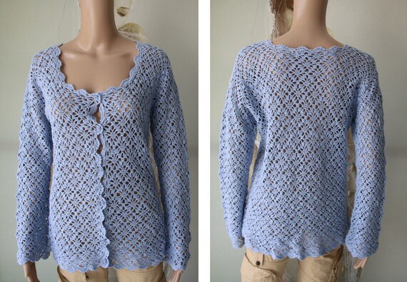 Vintage Sky Blue Knit Cardigan Cotton Ramie Sweat… - image 4