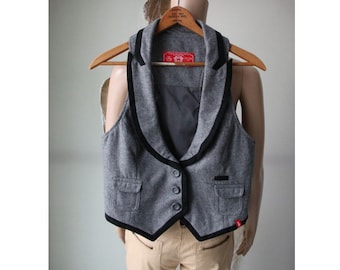 Vintage Gray Black Vest Women&#39;s Wool Viscose Waistcoat Medium Size