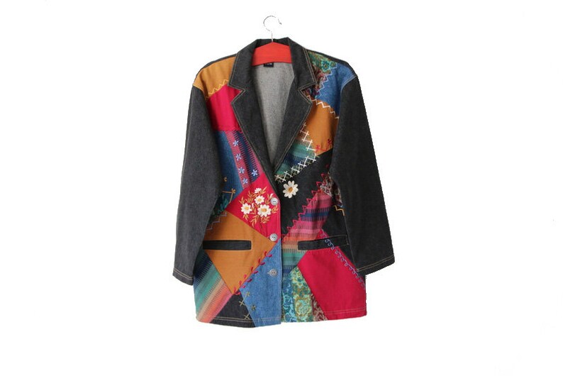 Vintage Denim Gray Jacket Patchwork Blazer Embroidered Jacket Colorful Blazer Large Size
