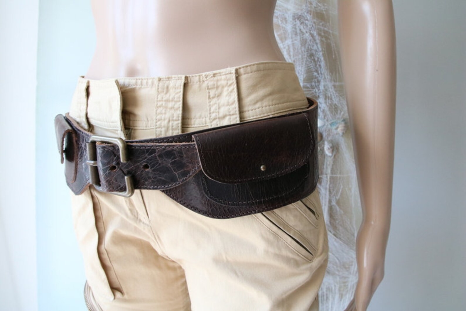 Vintage Brown Leather Belt Women's Pockets Belt Large Size Etsy