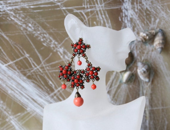 Vintage Brass Coral Earrings Italian Chandelier Ea
