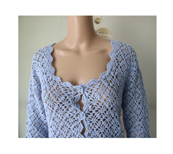 Vintage Sky Blue Knit Cardigan Cotton Ramie Sweat… - image 7