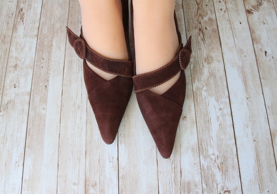 HÖGL Vintage Brown Suede Shoes Kitten Heels Point… - image 3