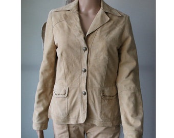 Beige Goat Suede Ladies Jacket Embroidered Blazer Medium Size