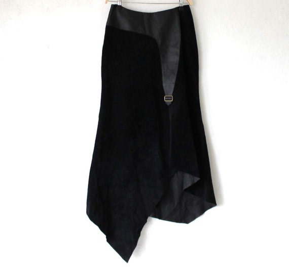 Black Asymmetric Suede Leather Skirt High Waist