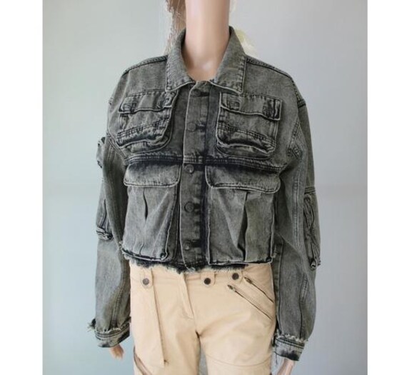 デニム クロップド グレー ジャケット レディース アシッドウォッシュ 