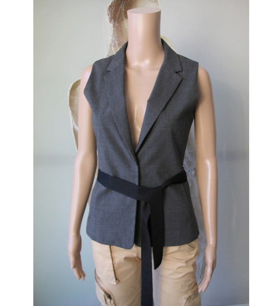 Women's Plaid Vest Gray Waistcoat with Black Belt 