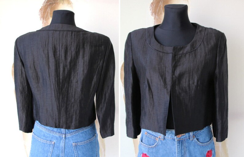 Vintage Gerry Weber Linen Cardigan Black Women Blazer 34 Sleeve Bolero Small Size