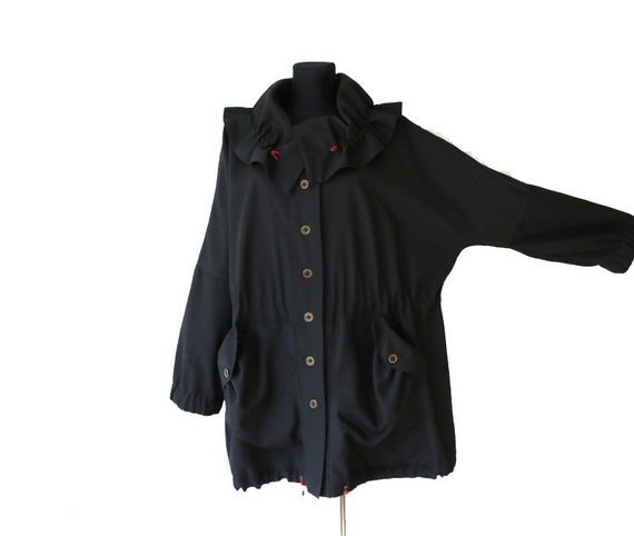 Vintage Black Woolen Women Blazer Oversized Jacket
