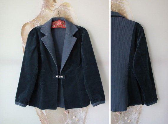 Vintage Midnight Green Grey Blazer Velvet Knitted